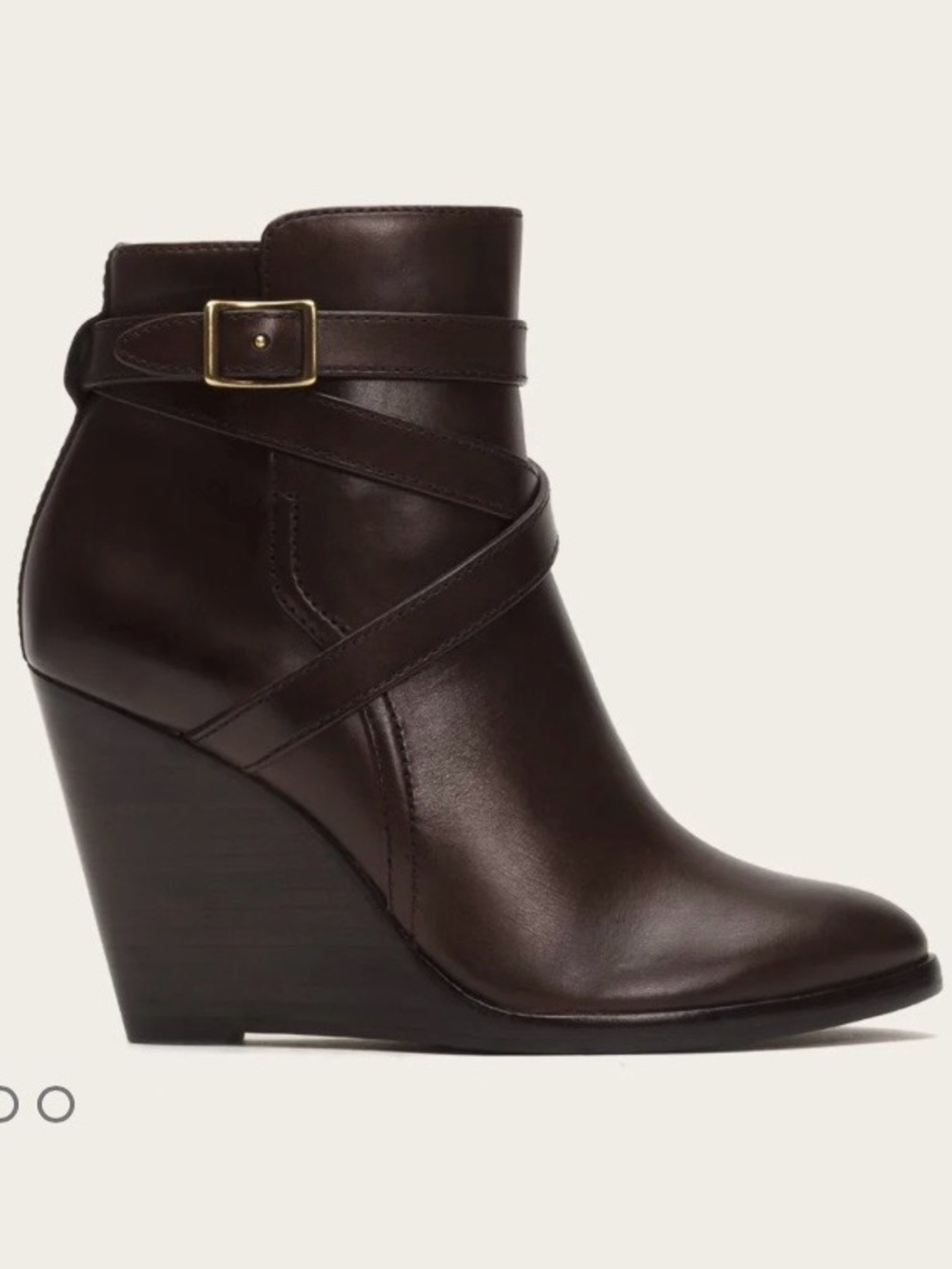 Frye Women's Dark Brown Leather Wedge Ankle Boot with Buckle Strap